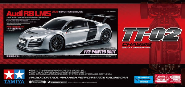 Tamiya model kit car - 47517 rc car - audi r8 lms 2008 - tt02 - silver painted body rc plastic - 1:10 - model making-0