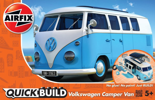 Airfix model building kit car - j6024 quickbuild volkswagen vw camper bus - blue - white plastic - - model making-0