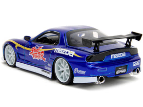 1993 Mazda RX-7 Candy Blue Metallic with Graphics and Chun-Li Diecast Figure 