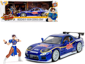 1993 Mazda RX-7 Candy Blue Metallic with Graphics and Chun-Li Diecast Figure 